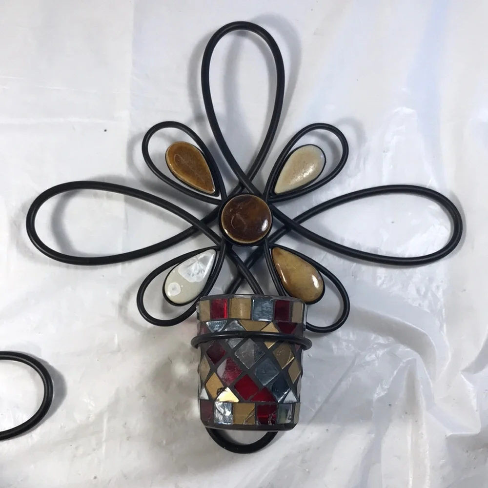 Decorative Metal and Mosaic Candle Holders and Stones Vintage Wall Sconces